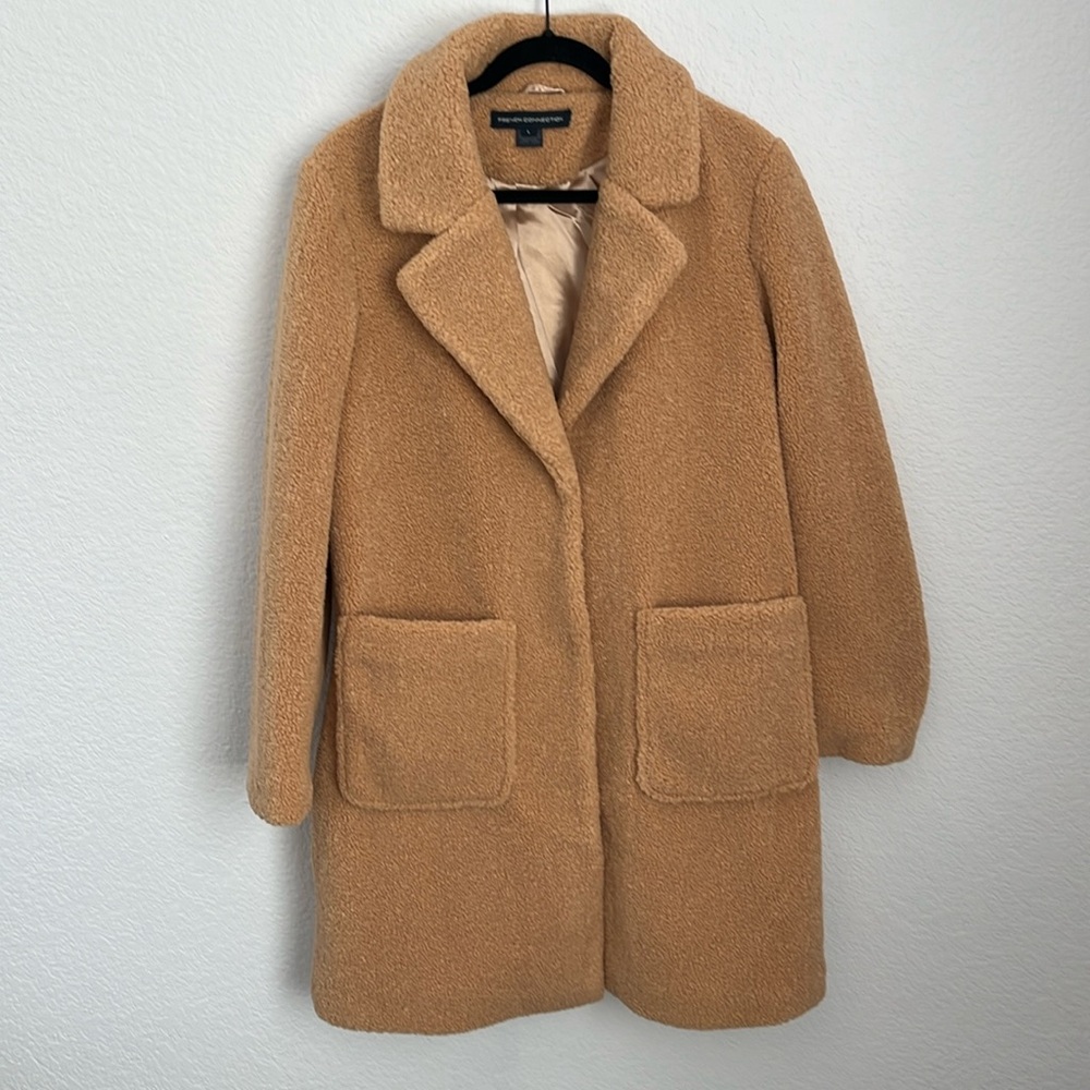 French Connection Tan Teddy Faux Shearling Coat Women Size L Style F26872